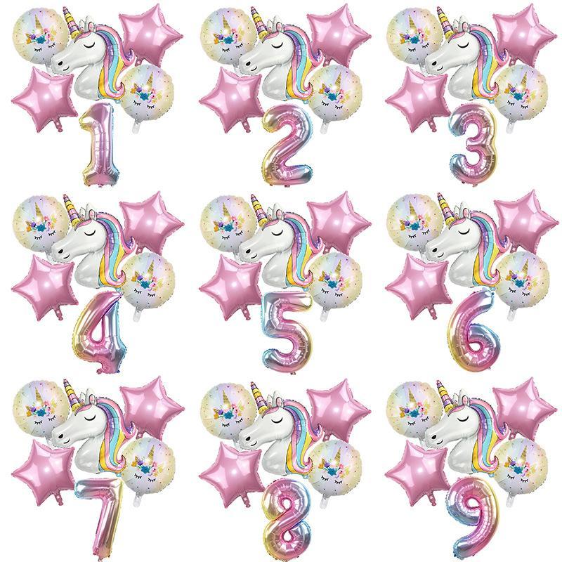 Unicorn Themed Balloon Kit, 6 Counts set Birthday Party Decoration Balloon, Number & Star Shaped Balloon, Party Decoration Supplies