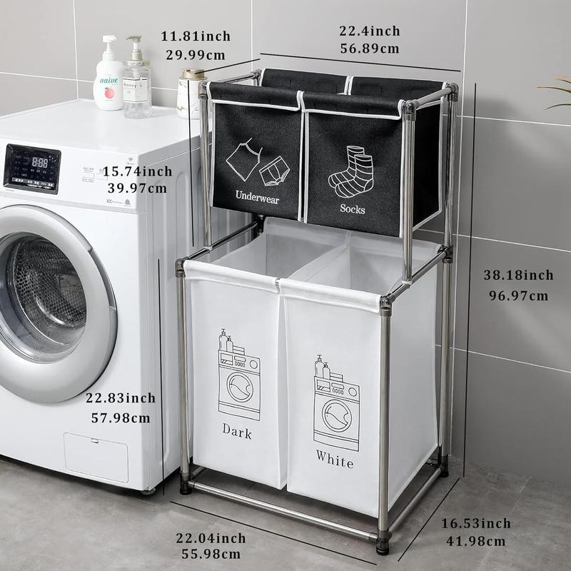 Double Layer Vertical Laundry Sorter with Wheels, Divided Dirty Clothes Laundry Hamper Vertical Laundry Organizer with 4 Grids Large Clothes Storage Organizer for Laundryroom Bedroom Bathroom, Waterproof Laundry Basket, Stocking Stuffers for Men and Women