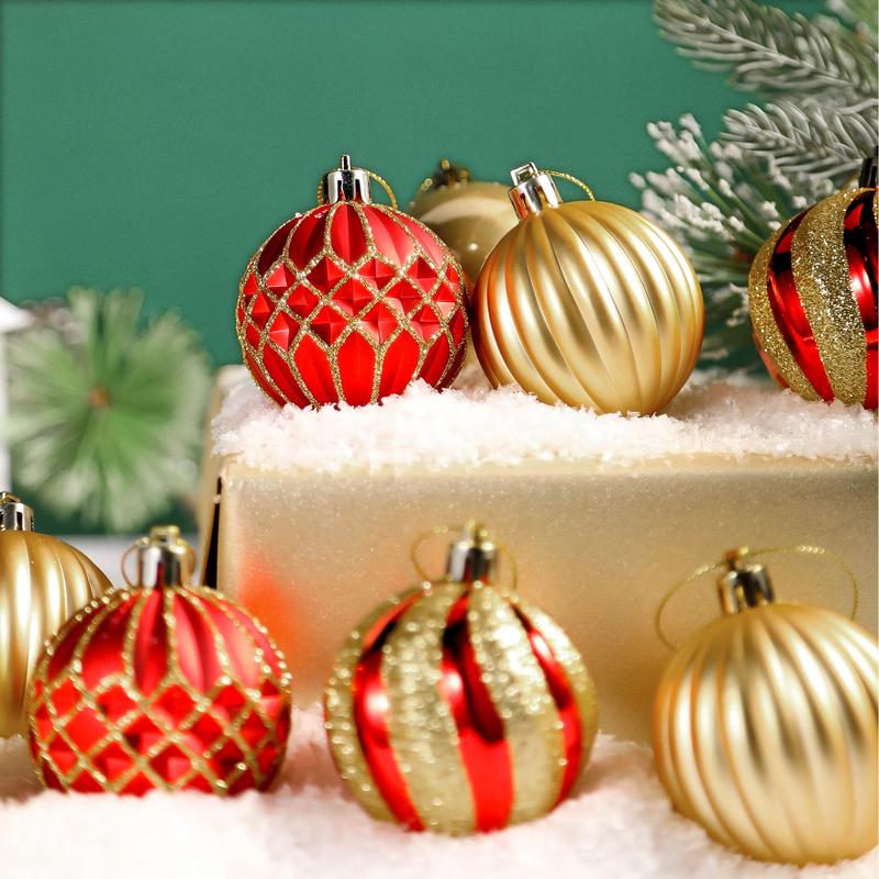 30-count 2.36-inch Christmas tree ball ornaments in red and gold, made from shatterproof plastic. Perfect for decorating Christmas trees, holiday parties, and wedding decorations. (Color: Red & Gold, Size: 60mm)