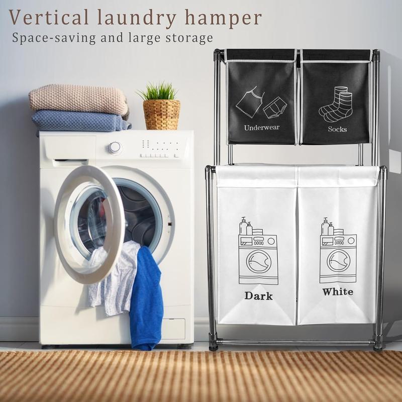 Double Layer Vertical Laundry Sorter with Wheels, Divided Dirty Clothes Laundry Hamper Vertical Laundry Organizer with 4 Grids Large Clothes Storage Organizer for Laundryroom Bedroom Bathroom, Waterproof Laundry Basket, Stocking Stuffers for Men and Women