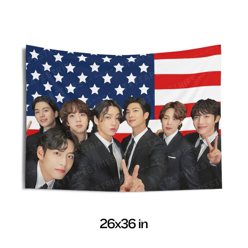 BTS Members Group Photo Flag Banner, Bts American Tapestry, Bts Merch Decor, Gift for Bts Fan, Bts Fan Gift Ideas 2-Sided Wall Flags, Decorative Flags, Room Decor Flags, Hanging Decor, IdolFlags Decoration