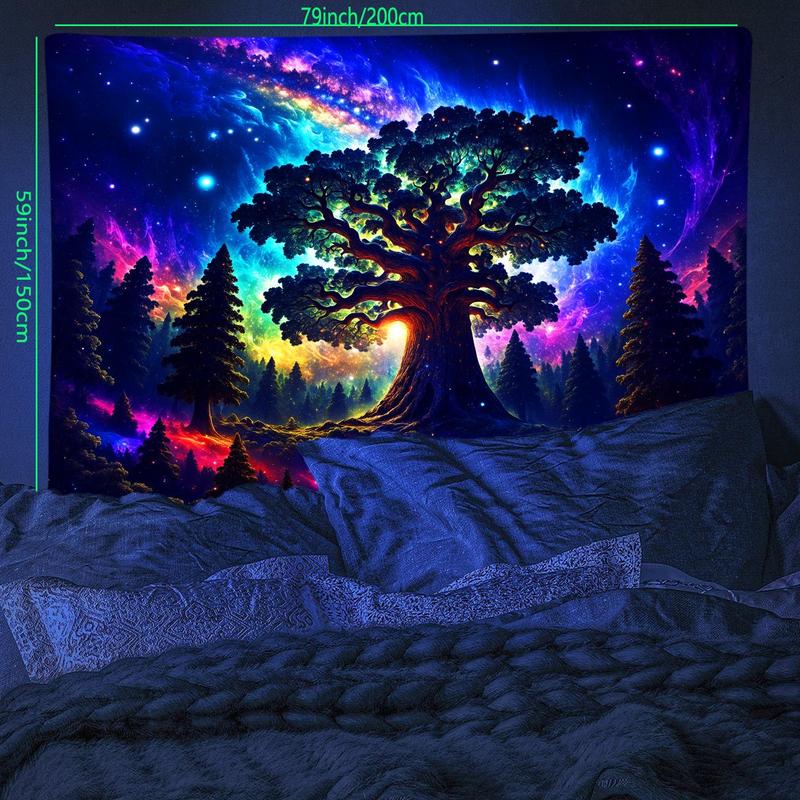 Tree Print Tapestry, Forest & Galaxy Landscape Fluorescent Tapestry, Wall Hanging for Living Room Bedroom Office Home Decor