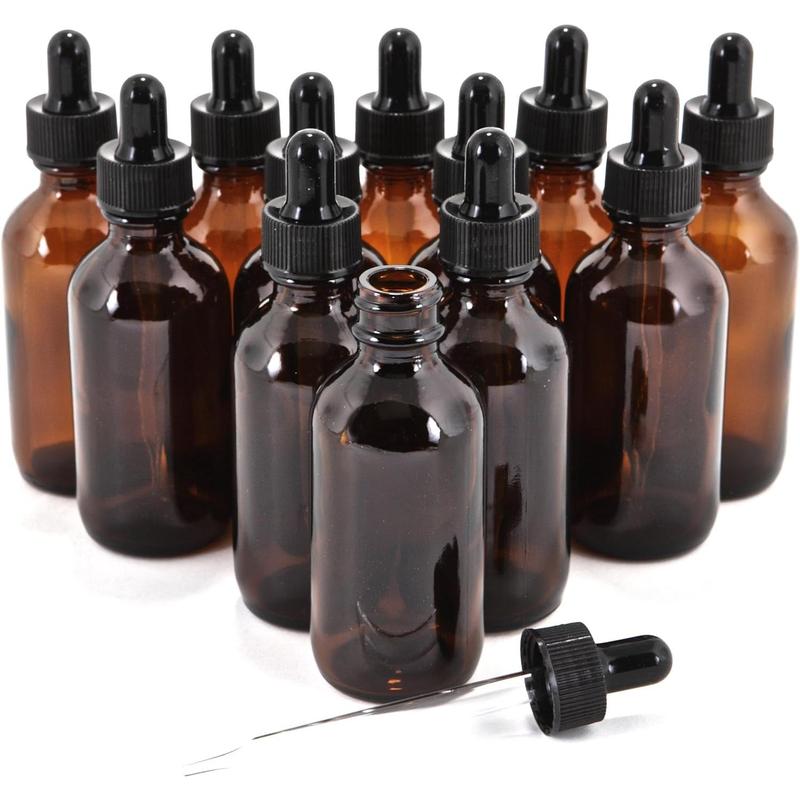 12, Amber, 2 oz Glass Bottles, with Glass Eye Droppers