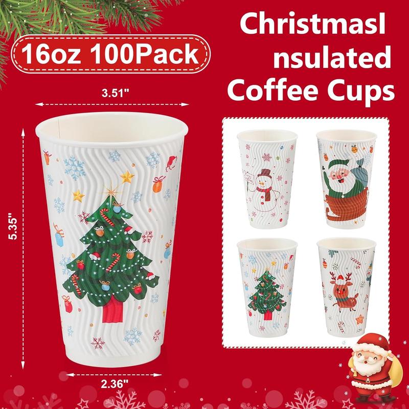 100 Count Christmas Paper Cups, Xmas Disposable coffee Cups Snowflake Santa Snowman Elk Christmas Cups, 16 oz Disposable Christmas Cups for Daily Use Holiday Party(16oz 100Count)