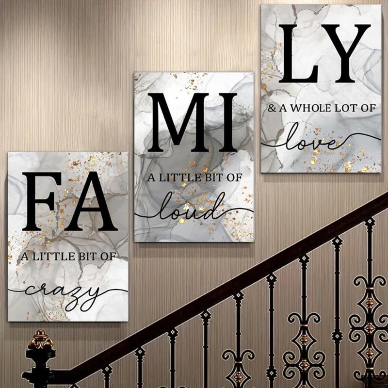 Family Letter Pattern Canvas Painting without Frame, 3 Counts Modern Wall Art Poster, Wall Decor for Home Living Room Bedroom