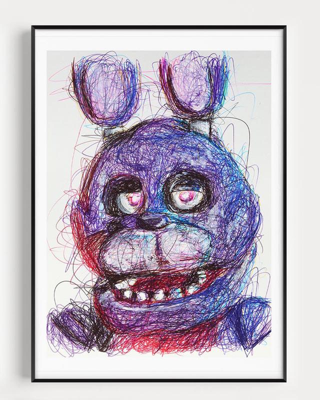 Five Nights at Freddy's Ballpoint Pen Print Set, Video Game Art, FNAF Art Posters, Freddy Wall Art Print Poster, Horror Art Decor, Kids Room Living Room, Bedroom, Office Wall Art Print Poster Decor - No Frame