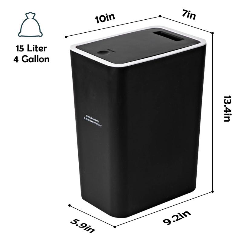 Trash Can with Lid, 2 Pack 4 Gallons 15 Liters Garbage Can with Press Top, Small Trash Can Dog Proof, Plastic Trash Bin, Waste Basket for Bathroom|Kitchen|Bedroom|Office (2, Black)