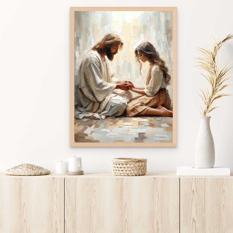 Modern Christian Art, Jesus and Her, Jesus Portrait, Bible Wall Art, Printable Art, Jesus and Woman Holding Hands Unframed