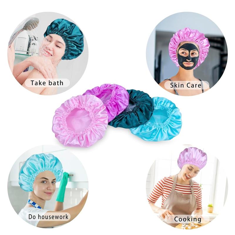 Waterproof Shower Caps Set of 4 - 4 Colors - Elastic Wide Band Satin Hair Wrap Bonnets for Sleeping, Black Women Men, Silk Sleep Cap Bonnet