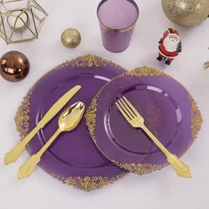 Nervure 175PCS Clear Purple Gold Plastic Plates for 25 Guests Include 25Dinner,Dessert Plates, 25Cups,Forks,Knives,Spoons,Napkins for Wedding&Party halloween decor dinner plate