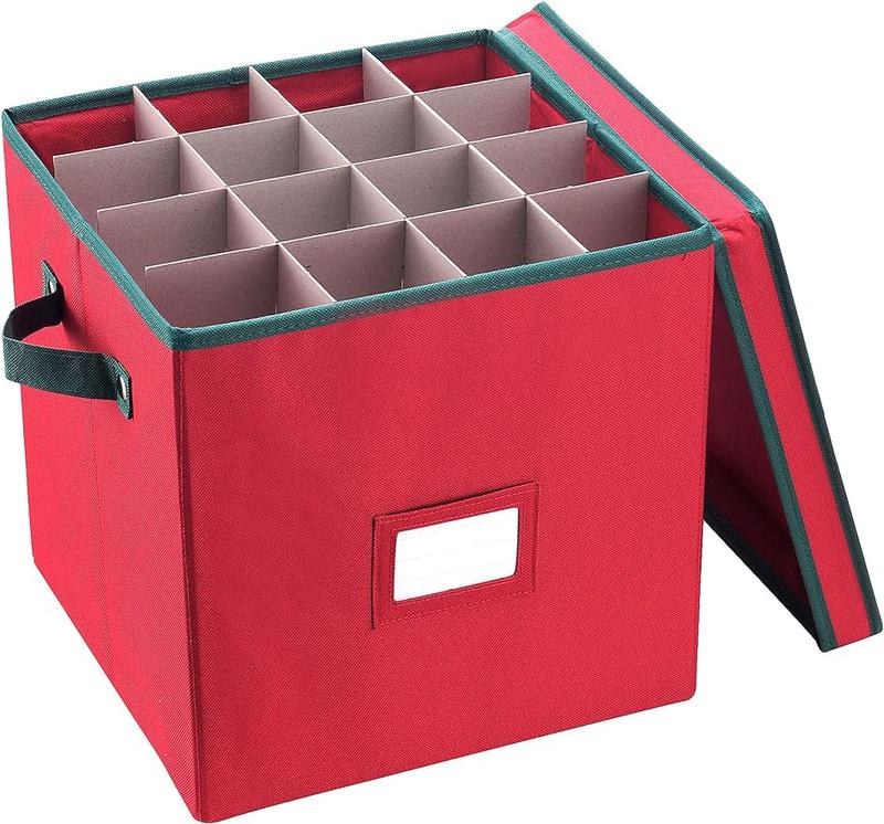 Christmas Box with Adjustable Dividers and Lid Ornaments Storage, Red