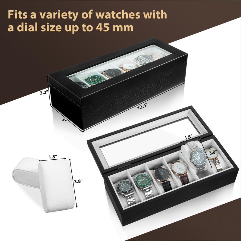 Watch Storage Box - Can Hold 6 Watches; Made of solid wood with HD tempered glass cover, unisex watch storage box; Storage box wooden