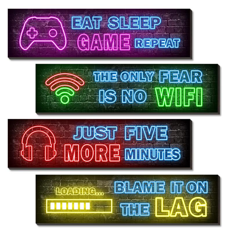 4 Pcs Printed Neon Gaming Posters, Teen Boys Room Decorations, gamer wall art Decor for bedroom Wooden