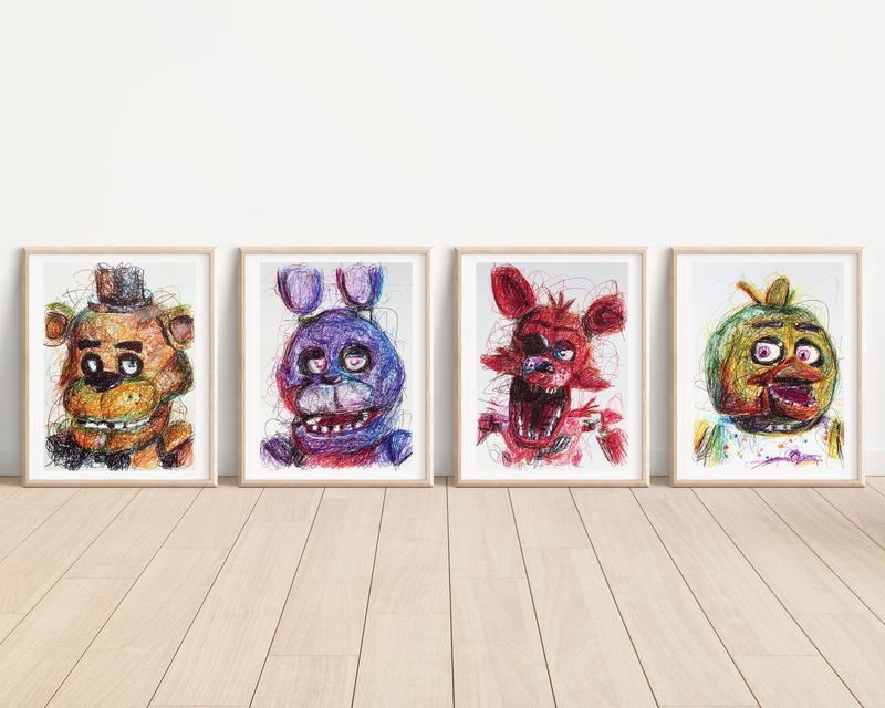 Five Nights at Freddy's Ballpoint Pen Print Set, Video Game Art, FNAF Art Posters, Freddy Wall Art Print Poster, Horror Art Decor, Kids Room Living Room, Bedroom, Office Wall Art Print Poster Decor - No Frame