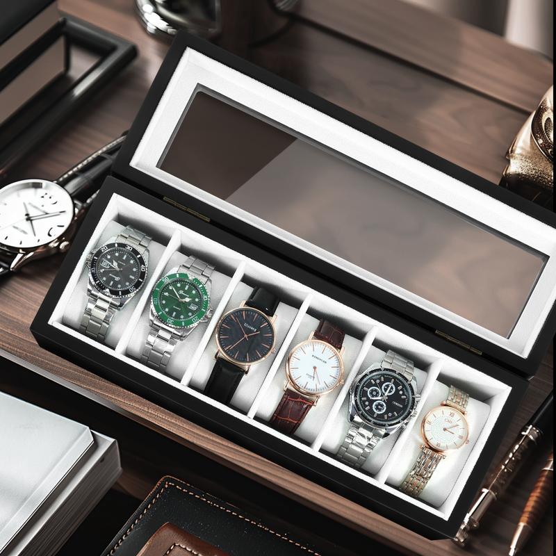 Watch Storage Box - Can Hold 6 Watches; Made of solid wood with HD tempered glass cover, unisex watch storage box; Storage box wooden