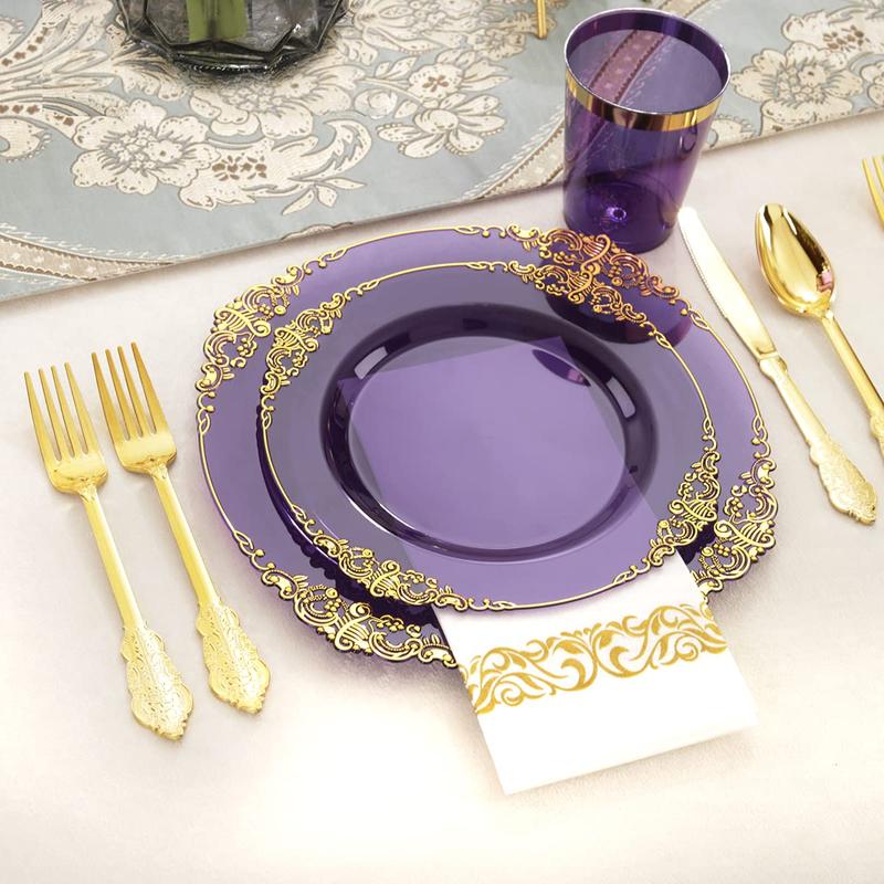 Nervure 175PCS Clear Purple Gold Plastic Plates for 25 Guests Include 25Dinner,Dessert Plates, 25Cups,Forks,Knives,Spoons,Napkins for Wedding&Party halloween decor dinner plate