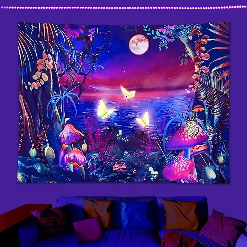 Letter Landscape Pattern Fluorescent Tapestry with Installing Accessories, 1 Count Wall Hanging Black Light Tapestry for Home Living Room Bedroom Decoration, Summer Essentials