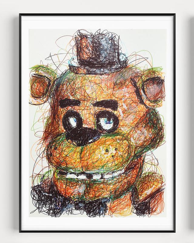 Five Nights at Freddy's Ballpoint Pen Print Set, Video Game Art, FNAF Art Posters, Freddy Wall Art Print Poster, Horror Art Decor, Kids Room Living Room, Bedroom, Office Wall Art Print Poster Decor - No Frame