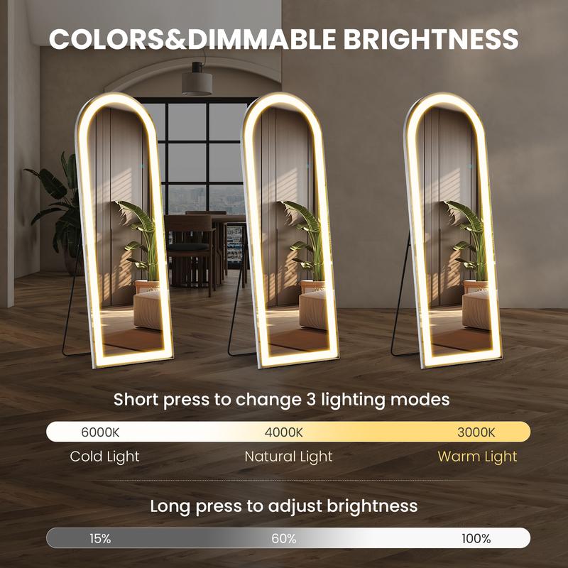 63X20 Inch LED Arched Full Length Mirror with Lights, Black Frame Lighted Floor Mirror, Dimmable & 3 Color Modes LED Full Body Dressing Standing Mirror, Wall Mounted Long Mirror