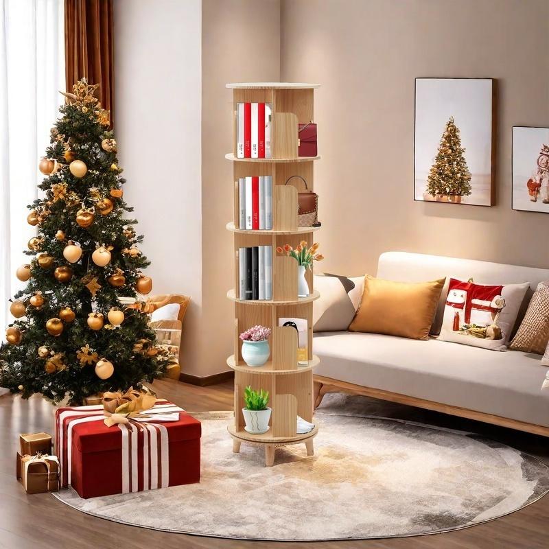 CNCEST Rotating Bookshelf Tower 360 Display Floor Standing Bookcase Bedroom Storage Rack Classroom Organizer Smooth Wooden Christmas Gift Home Decor