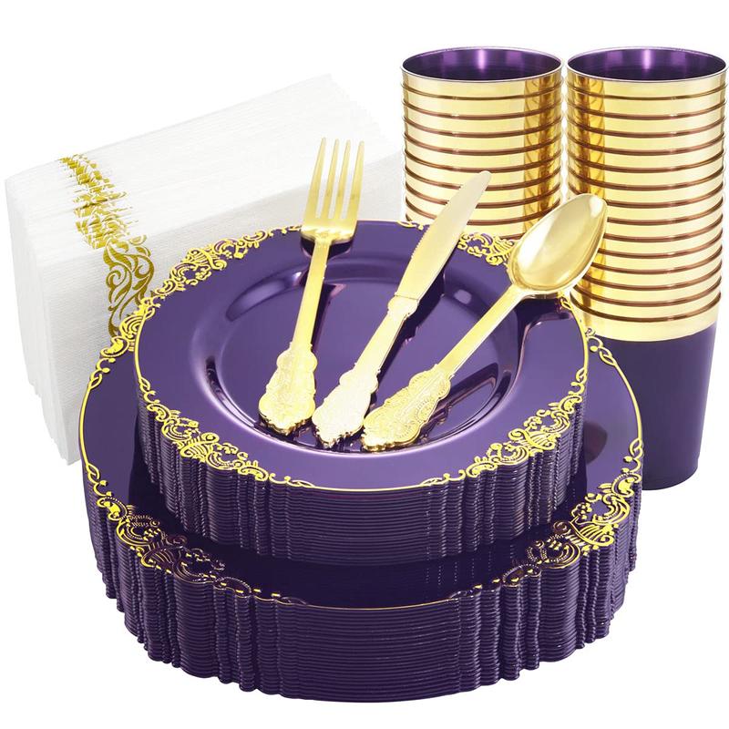 Nervure 175PCS Clear Purple Gold Plastic Plates for 25 Guests Include 25Dinner,Dessert Plates, 25Cups,Forks,Knives,Spoons,Napkins for Wedding&Party halloween decor dinner plate