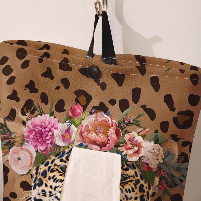 Leopard & Flower Print Toilet Paper Bag, Creative Toilet Paper Holder, Lovely Toilet Paper Bag, Home Decoration, Bathroom Accessories