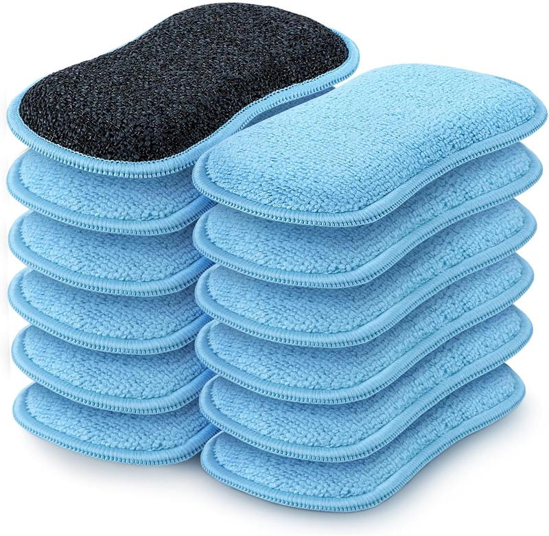 12 Pack Multi-Purpose Scrub Sponges for Kitchen, Dish, Non-Scratch Microfiber Sponge - Blue Cleaning Scrubber