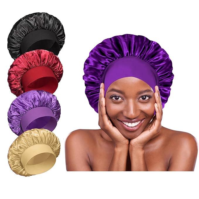 Waterproof Shower Caps Set of 4 - 4 Colors - Elastic Wide Band Satin Hair Wrap Bonnets for Sleeping, Black Women Men, Silk Sleep Cap Bonnet