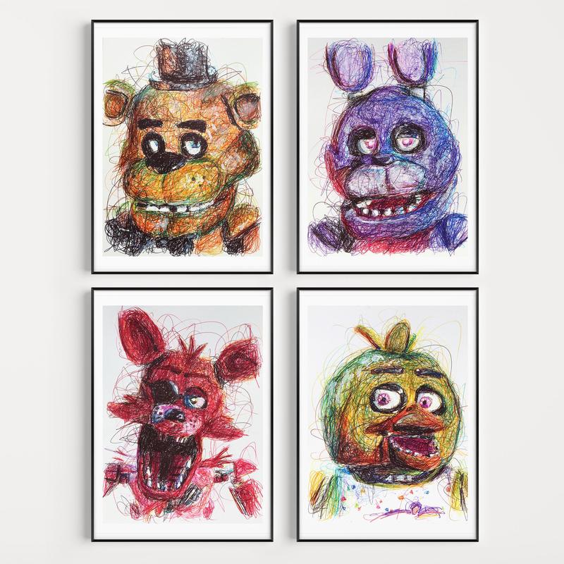 Five Nights at Freddy's Ballpoint Pen Print Set, Video Game Art, FNAF Art Posters, Freddy Wall Art Print Poster, Horror Art Decor, Kids Room Living Room, Bedroom, Office Wall Art Print Poster Decor - No Frame