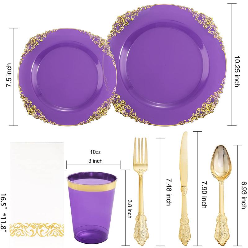 Nervure 175PCS Clear Purple Gold Plastic Plates for 25 Guests Include 25Dinner,Dessert Plates, 25Cups,Forks,Knives,Spoons,Napkins for Wedding&Party halloween decor dinner plate