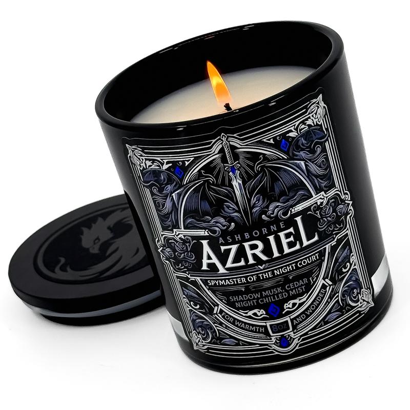 Azriel - ACOTAR inspired 8oz Scented Candle - Shadow Musk, Cedar, Night-Chilled Mist - Natural Coconut Wax - 35 h Burn Time - Premium Foil Label