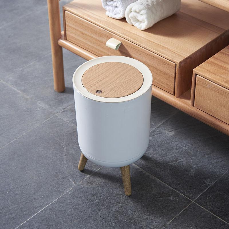 Wood Grain Trash Can, 1 Count Modern Press Type Trash Can, Multifunctional Trash Can for Bathroom, Office, Living Room