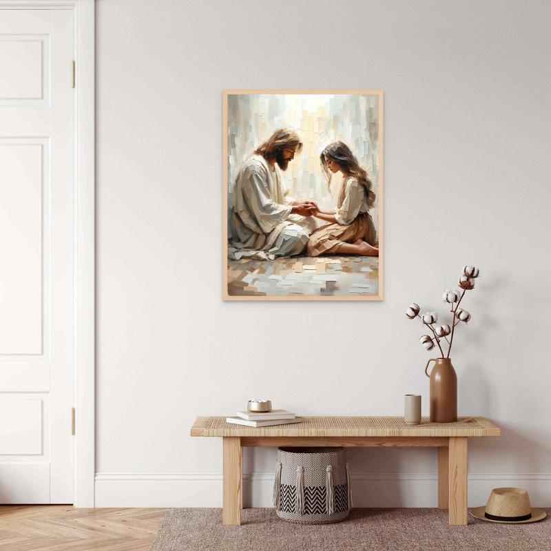 Modern Christian Art, Jesus and Her, Jesus Portrait, Bible Wall Art, Printable Art, Jesus and Woman Holding Hands Unframed