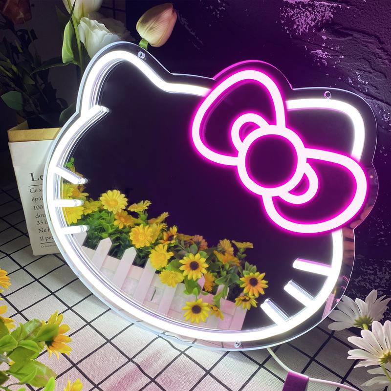 Sanrio Hello Kitty Cat Anime Neon Sign Mirror Vanity Mirror with Lights Bedroom Wall Mirror for Pink Room Decor and a Makeup Mirror with Lights Teen Girl Gifts Glass Decoration