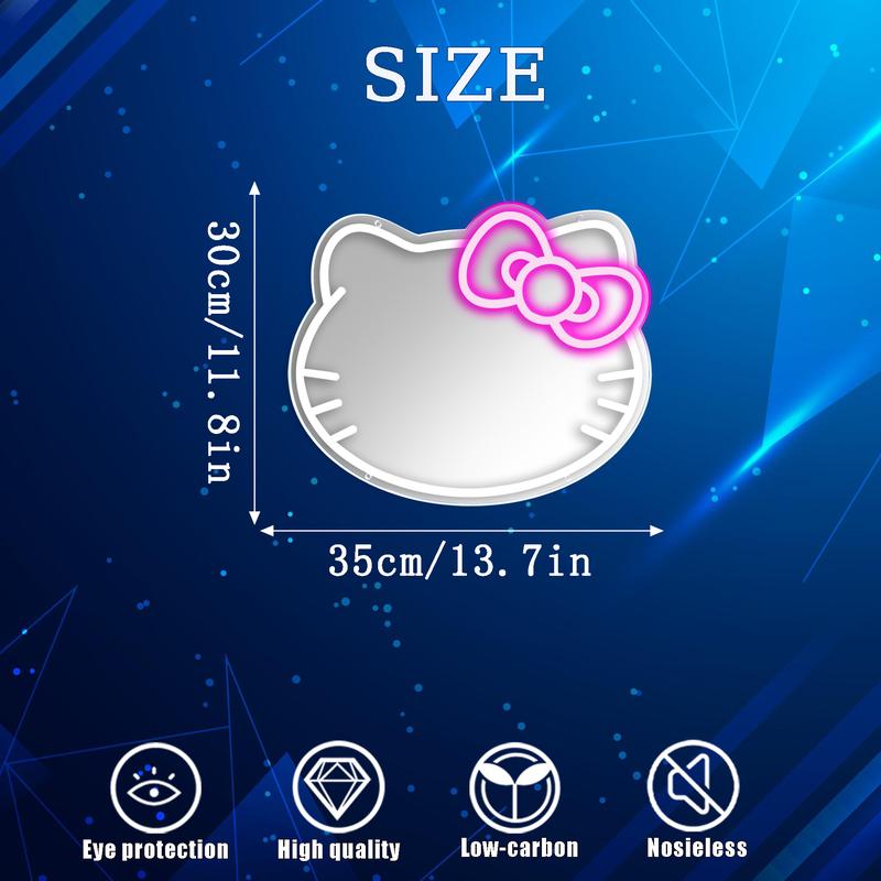 Sanrio Hello Kitty Cat Anime Neon Sign Mirror Vanity Mirror with Lights Bedroom Wall Mirror for Pink Room Decor and a Makeup Mirror with Lights Teen Girl Gifts Glass Decoration