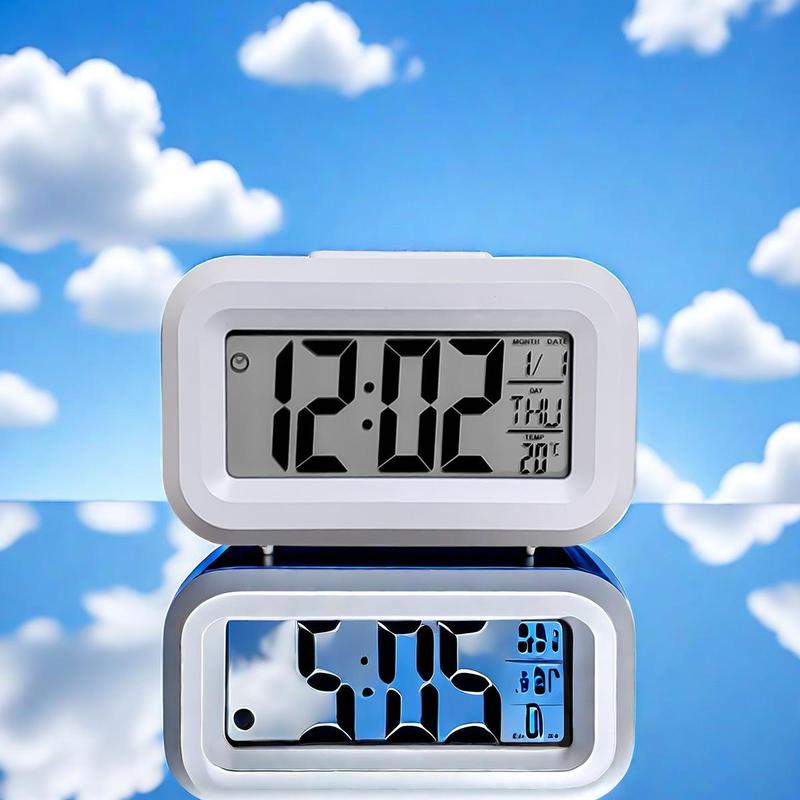 Alarm Clock, LED Backlight Desk Clock, Smart Bedside Clock with Temperature and Date Display, Bedroom Accessories (Battery Required, Battery Not Included)