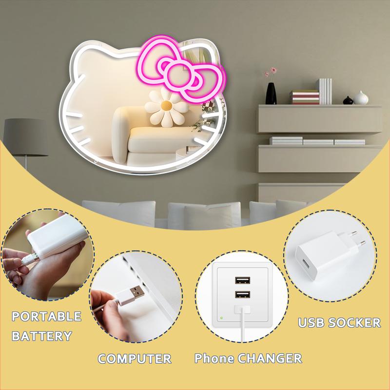 Sanrio Hello Kitty Cat Anime Neon Sign Mirror Vanity Mirror with Lights Bedroom Wall Mirror for Pink Room Decor and a Makeup Mirror with Lights Teen Girl Gifts Glass Decoration