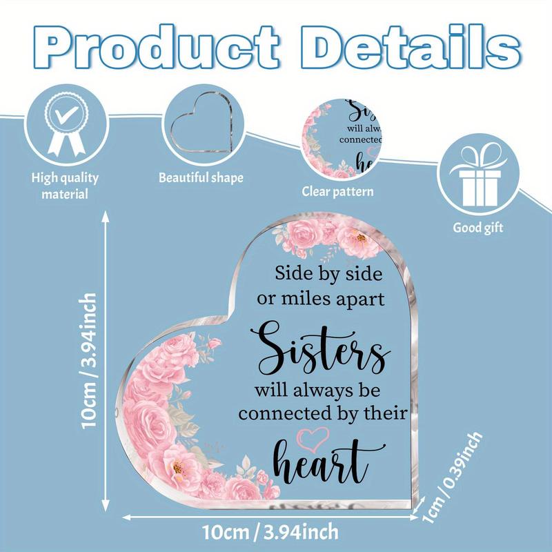 Acrylic Heart Shaped Ornament, Flower Pattern Acrylic Table Decor, Friendship Memorial Gift for Sisters, Perfect for Best Friends Forever