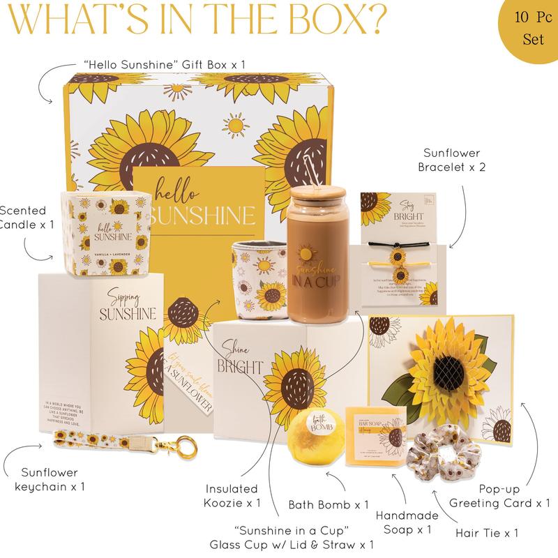 The Love Crate Co Sunflower Gifts for Women, 10pc or 15pc Sunflower Gifts for Women, Get Well Soon Gift Baskets, You Are My Sunshine Gifts