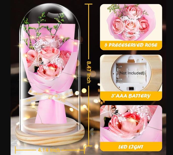 Preserved Flowers Rose Gifts for Her, Rose Flower Gifts for Wife Girlfriend Mom Grandma, Light Up Rose in Glass Dome for Birthday, Anniversary, Valentine's Day,Wedding (Pink Eternal Rose)