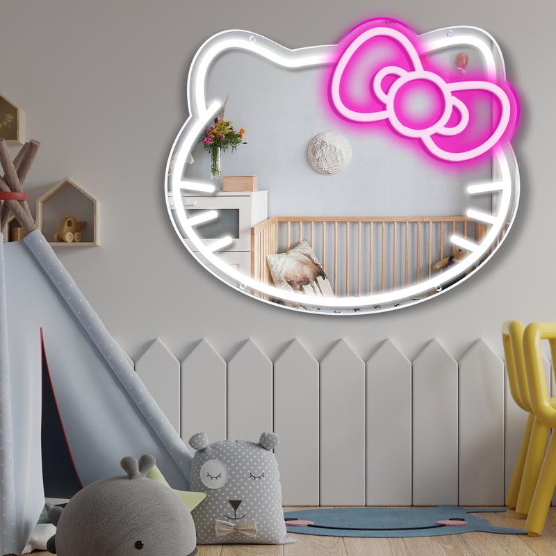 Sanrio Hello Kitty Cat Anime Neon Sign Mirror Vanity Mirror with Lights Bedroom Wall Mirror for Pink Room Decor and a Makeup Mirror with Lights Teen Girl Gifts Glass Decoration