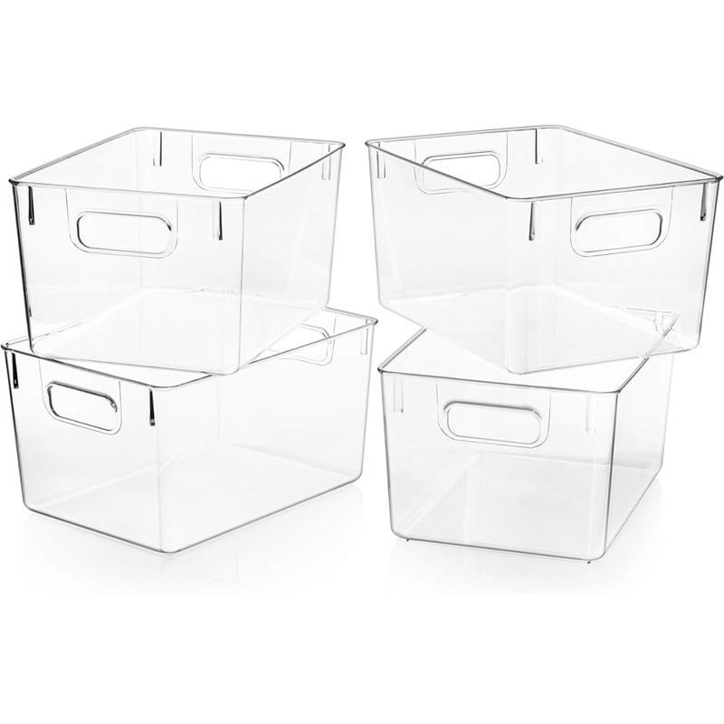 4 Pack Clear Plastic Storage Bins, Pantry Organizers and Storage Containers Fridge Organizer Bins Kitchen Cabinet Organizer Medicine Cabinet Organizer Bin for Organizing Home Bathroom Freezer Refrigerator