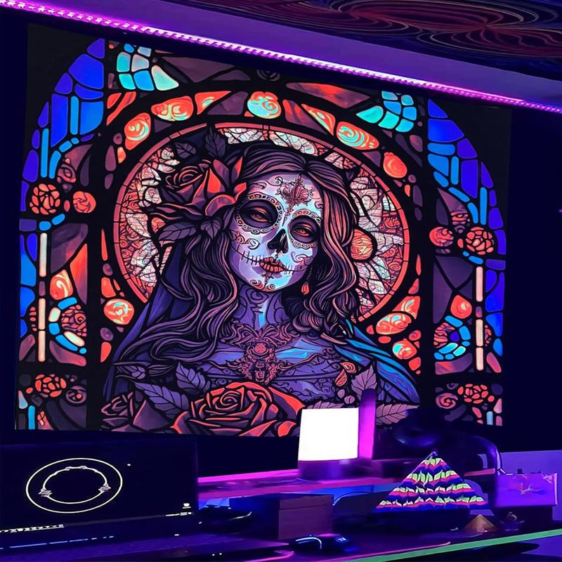 Day of The Dead Black Light Reactive Tapestry Rose Suger Skull Wall Hanging Tapestry Glow in the Dark Church Skeleton Poster Trippy Wall Art Decor for Bedroom Living Room