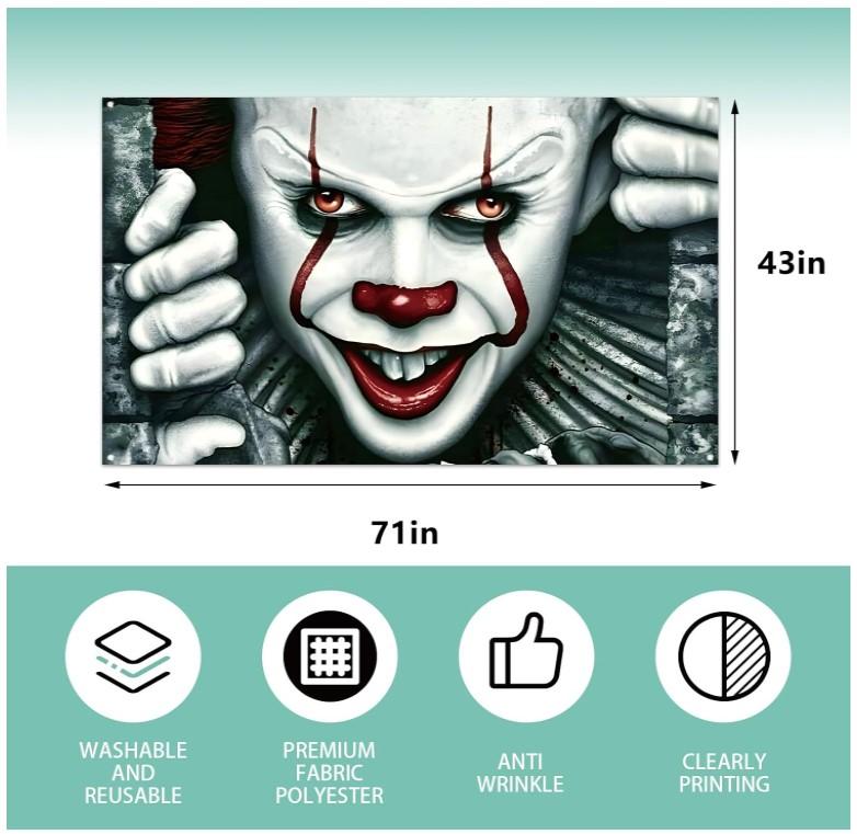 Scary Creepy Horror Movie Character Pennywise Photo Backdrop Clown Joker Banner Classic Horror Halloween Party Decorations and Supplies for Home Cloth Spooky