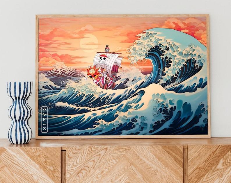 One Piece Art Poster, Great Wave Art Print, Luffy Straw Hat Pirates Wall Decor