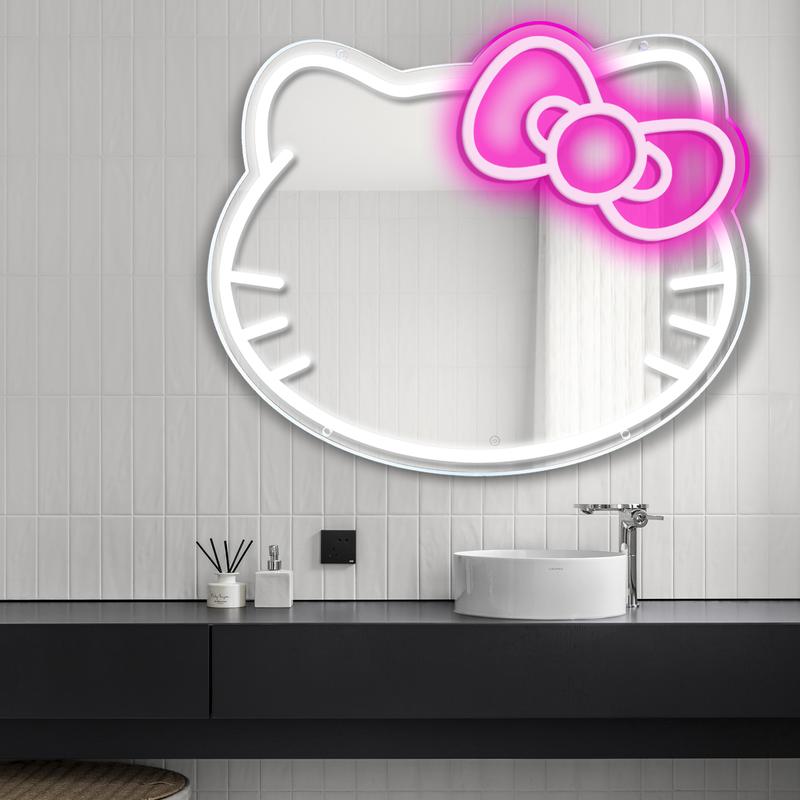 Sanrio Hello Kitty Cat Anime Neon Sign Mirror Vanity Mirror with Lights Bedroom Wall Mirror for Pink Room Decor and a Makeup Mirror with Lights Teen Girl Gifts Glass Decoration