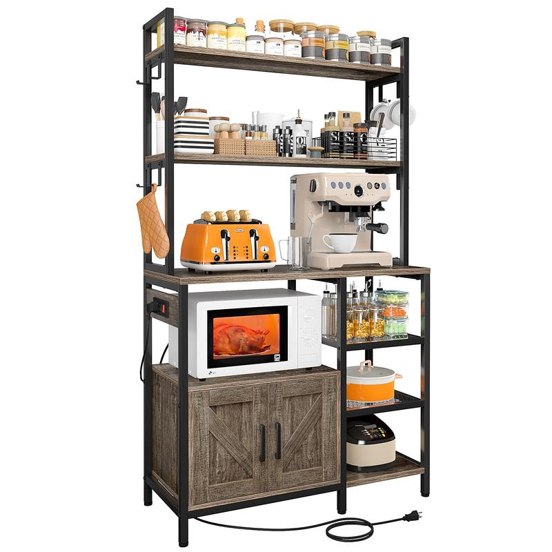 RaybeeFurniture 6 Tier Bakers Racks for Kitchens with Storage, Coffee Bar with Cabinet and 8 Side Hooks, Large Capacity Microwave Stand for Kitchen Storage Rack