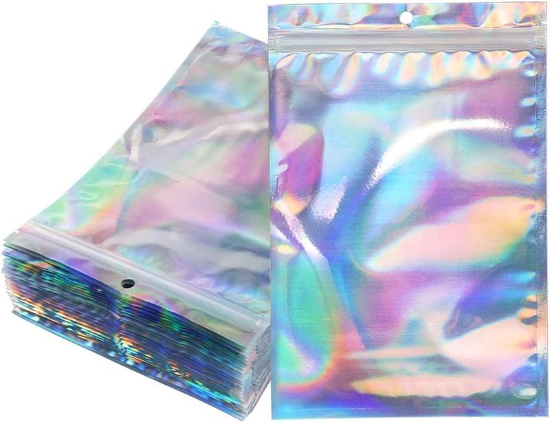 50pcs Holographic Foil Ziplock Bags 6x9 Inch, Resealable Mylar Sample Pouch Gift Baggies For Packaging Candy Jewelry Lash Lip Gloss