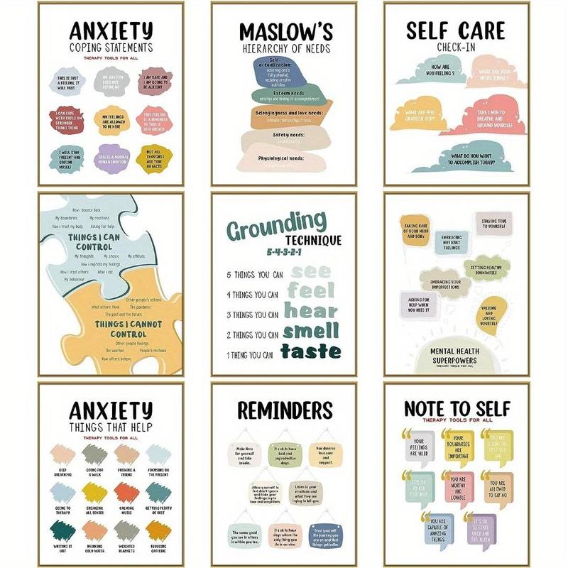 Mental Health Poster without Frame, 9pcs set Waterproof Anxiety Therapy Motivational Poster, Psychologist Counselor Inspirational Poster, Positive Quote Wall Decor Poster for Classroom Home Office