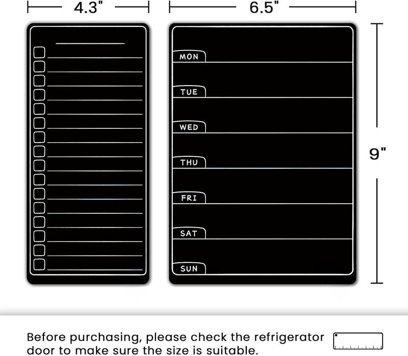 Menu Board for Fridge, Weekly Calendar Blackboard Set for Refrigerator - Includes Weekly Black Dry Erase Board for Kitchen & 2 Grocery List, 3 Chalk Markers + Eraser